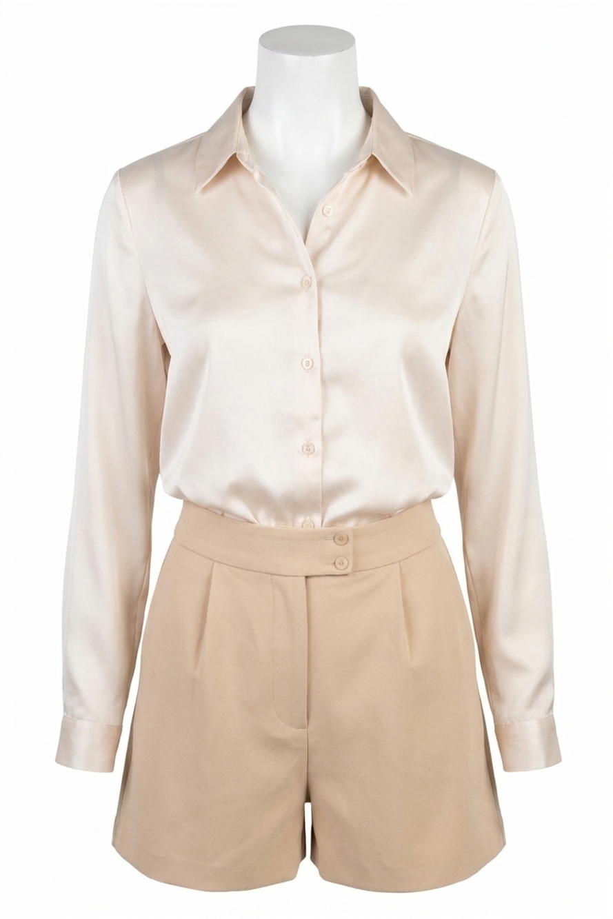 NEW SKIES ARE BLUE beckett satin button down in shimmering oatmeal